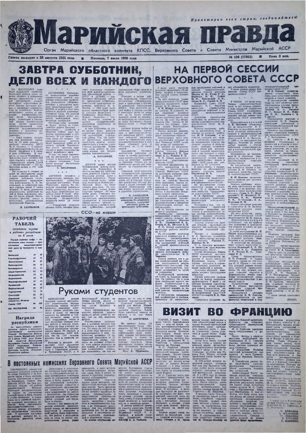 Газета «Марийская правда» от 07.07.1989
