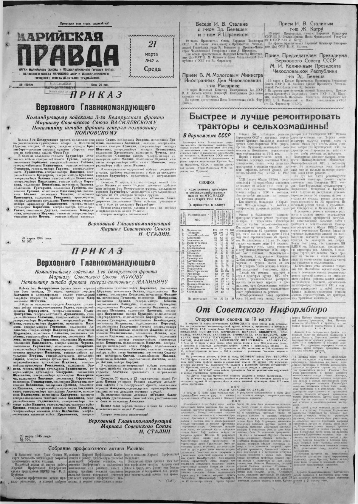 Газета «Марийская правда» от 21.03.1945