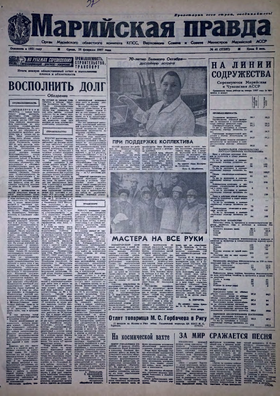 Газета «Марийская правда» от 18.02.1987