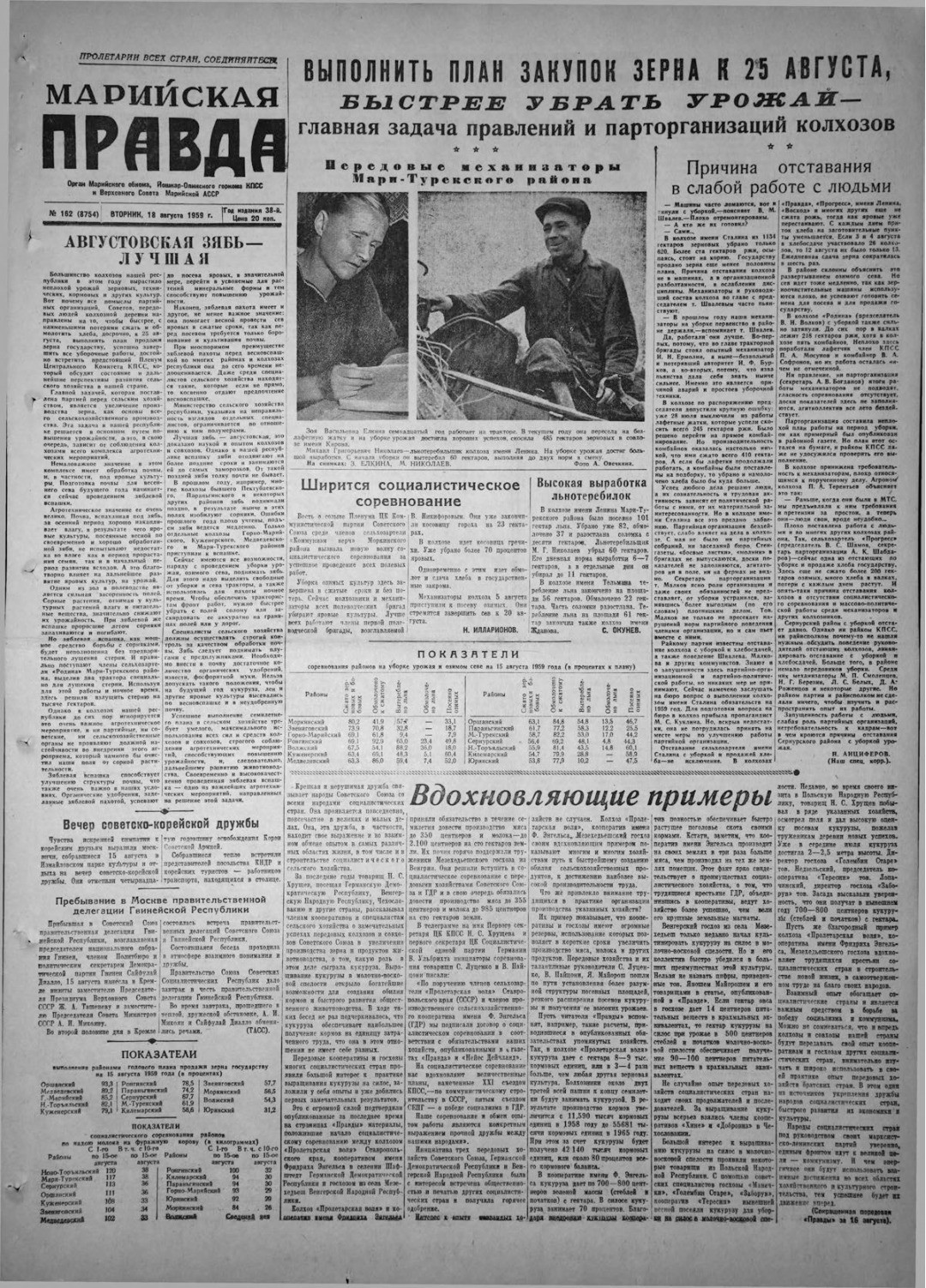 Газета «Марийская правда» от 18.08.1959