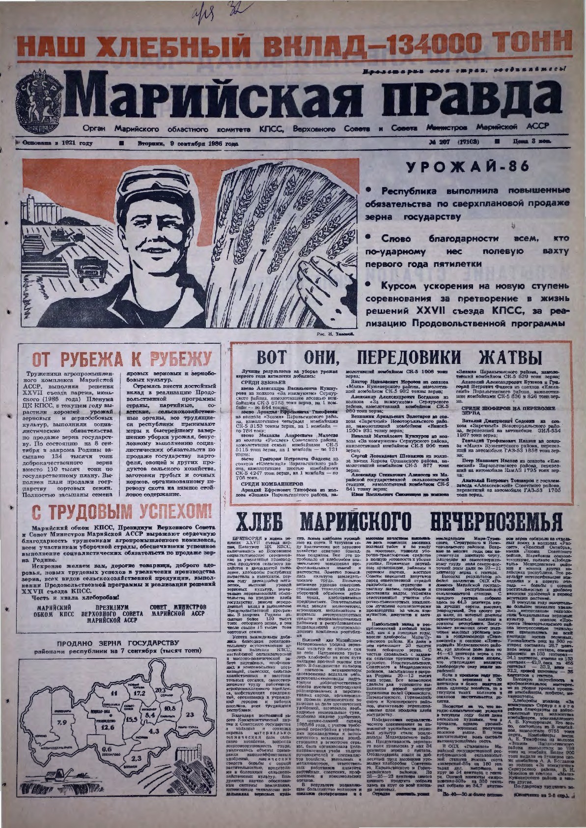 Газета «Марийская правда» от 09.09.1986