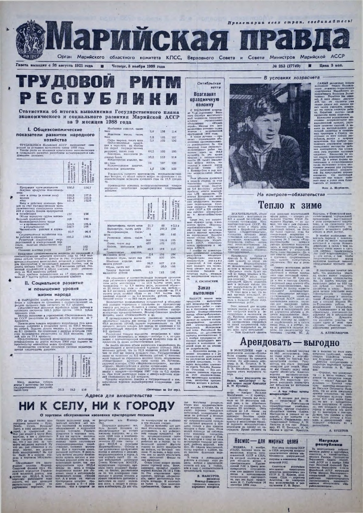 Газета «Марийская правда» от 03.11.1988