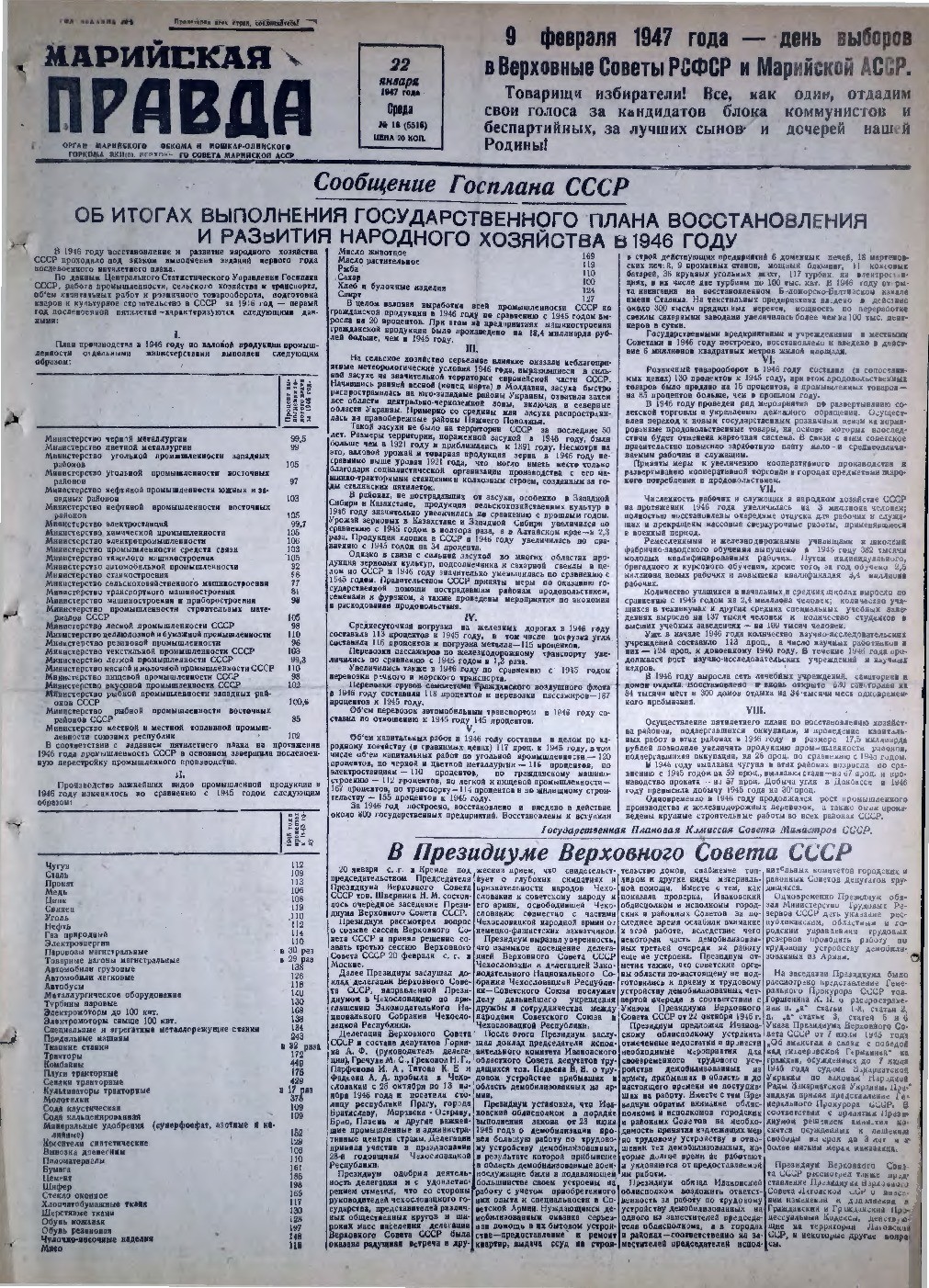 Газета «Марийская правда» от 22.01.1947
