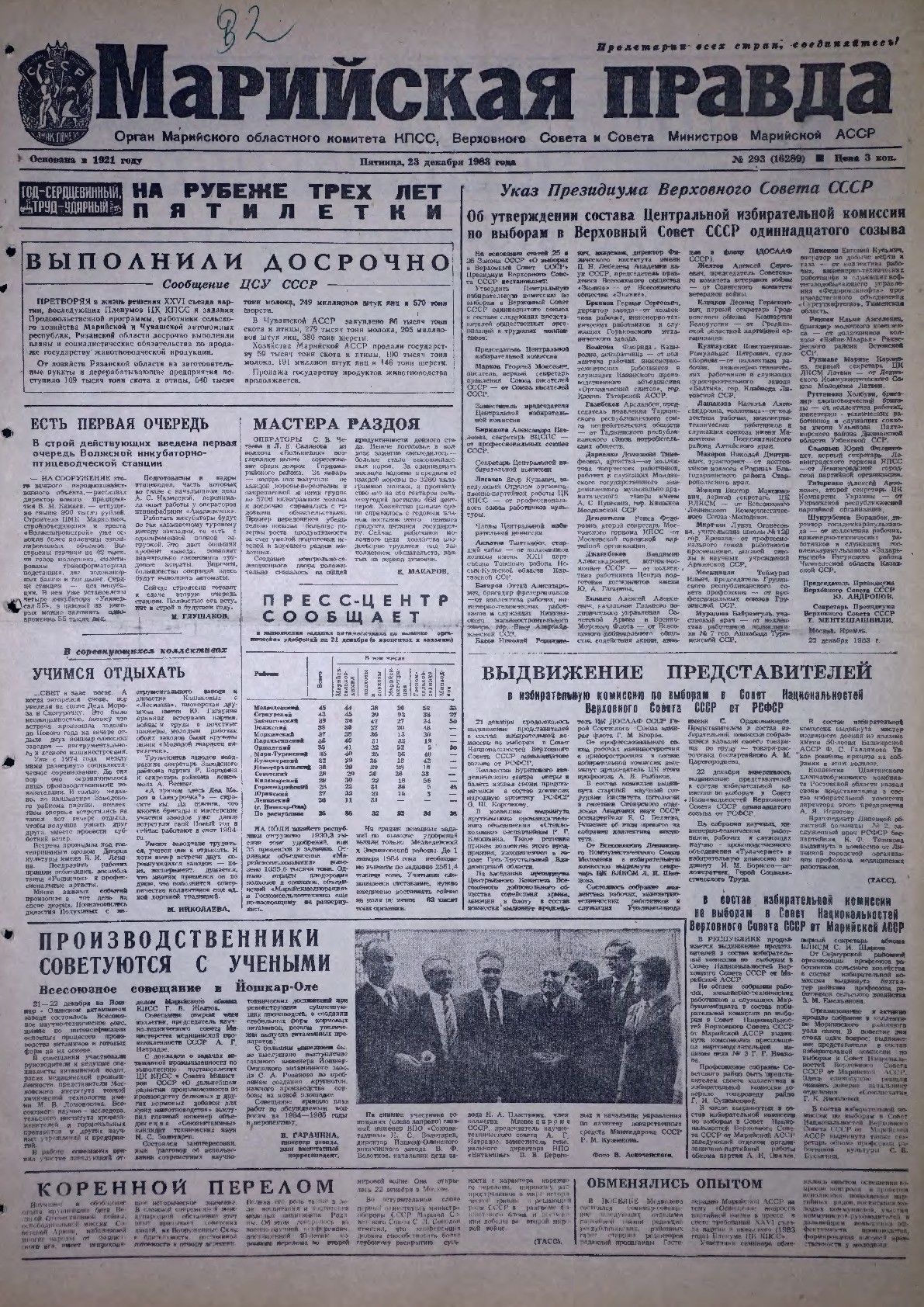 Газета «Марийская правда» от 23.12.1983