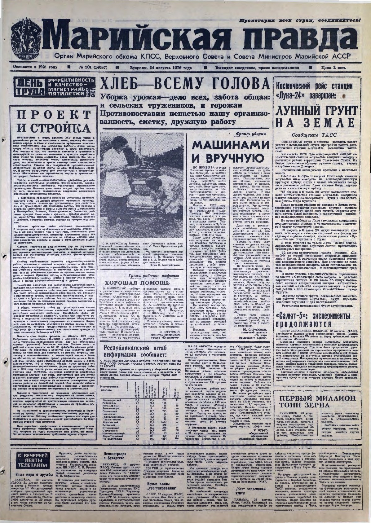 Газета «Марийская правда» от 24.08.1976