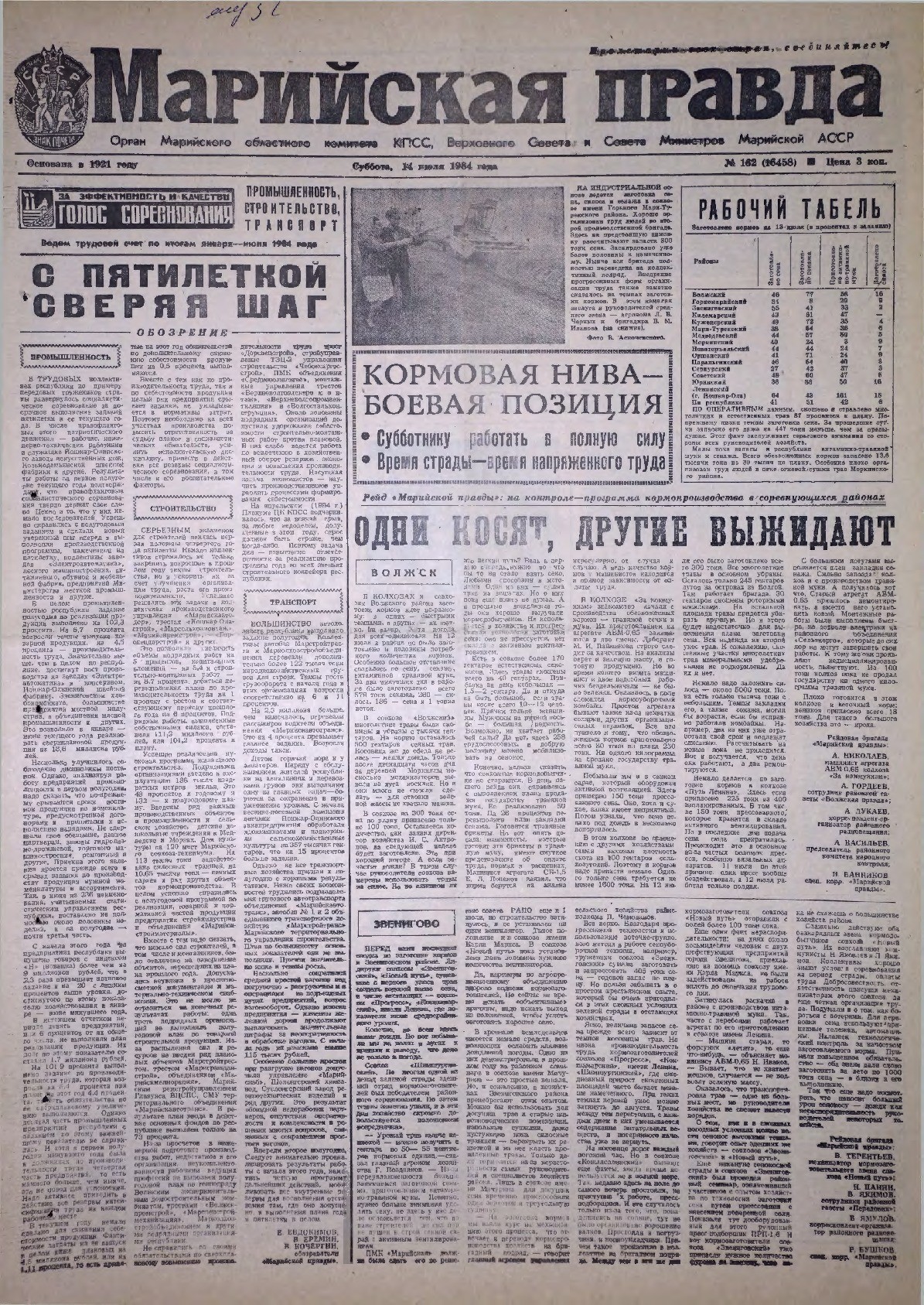 Газета «Марийская правда» от 14.07.1984