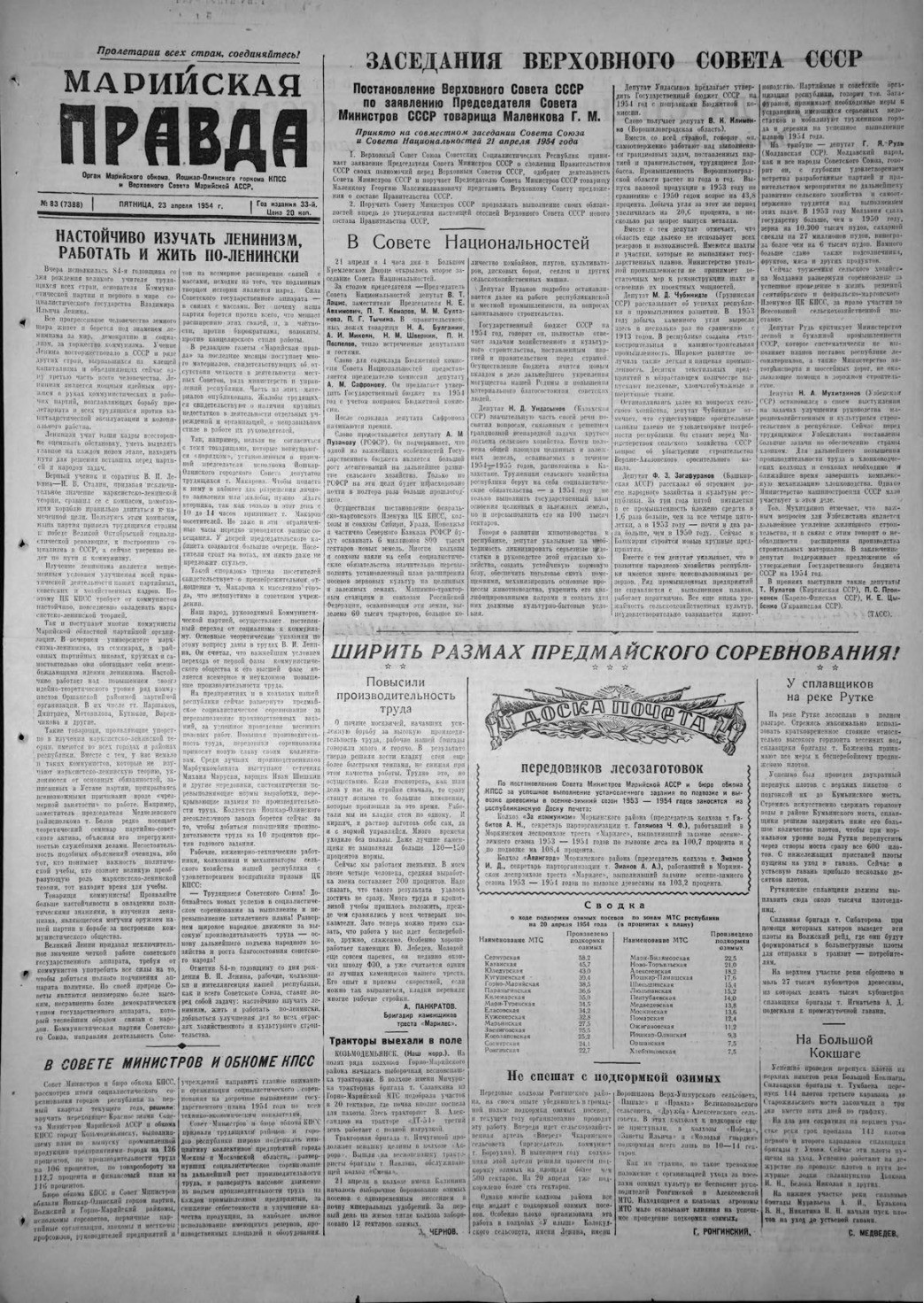 Газета «Марийская правда» от 23.04.1954