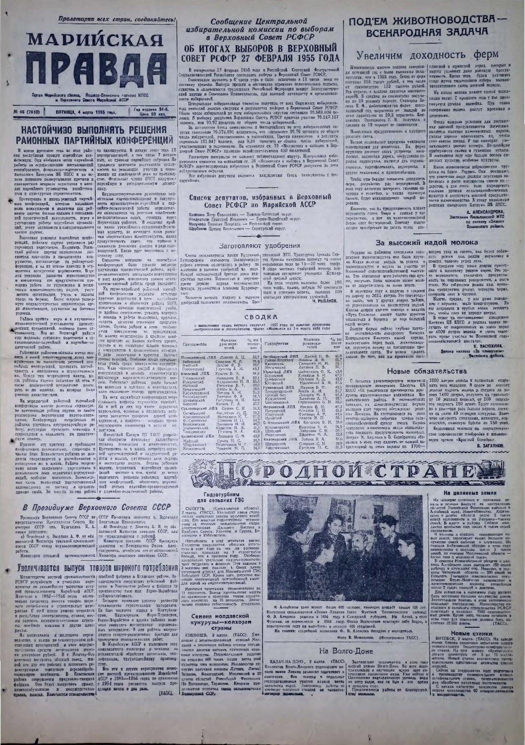 Газета «Марийская правда» от 04.03.1955