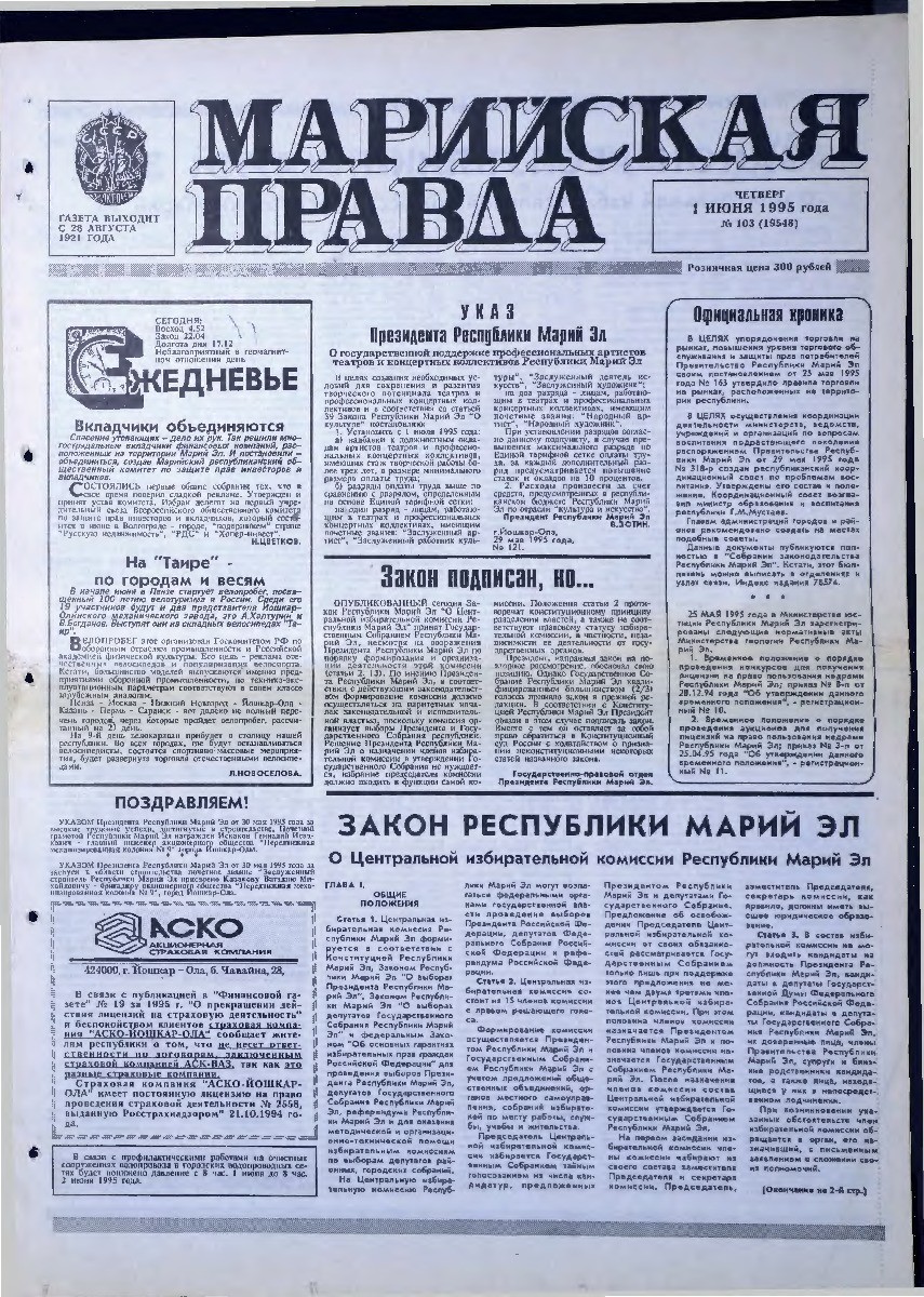 Газета «Марийская правда» от 01.06.1995