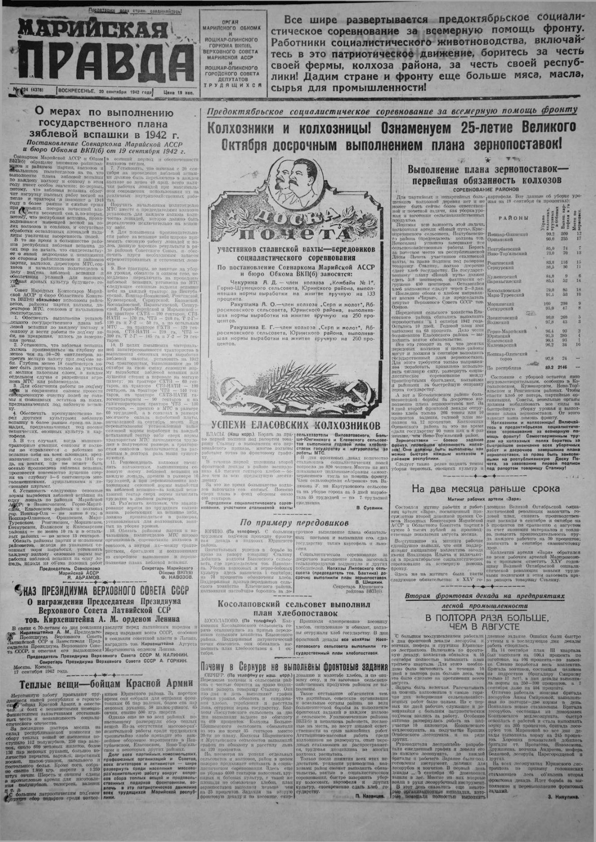 Газета «Марийская правда» от 20.09.1942
