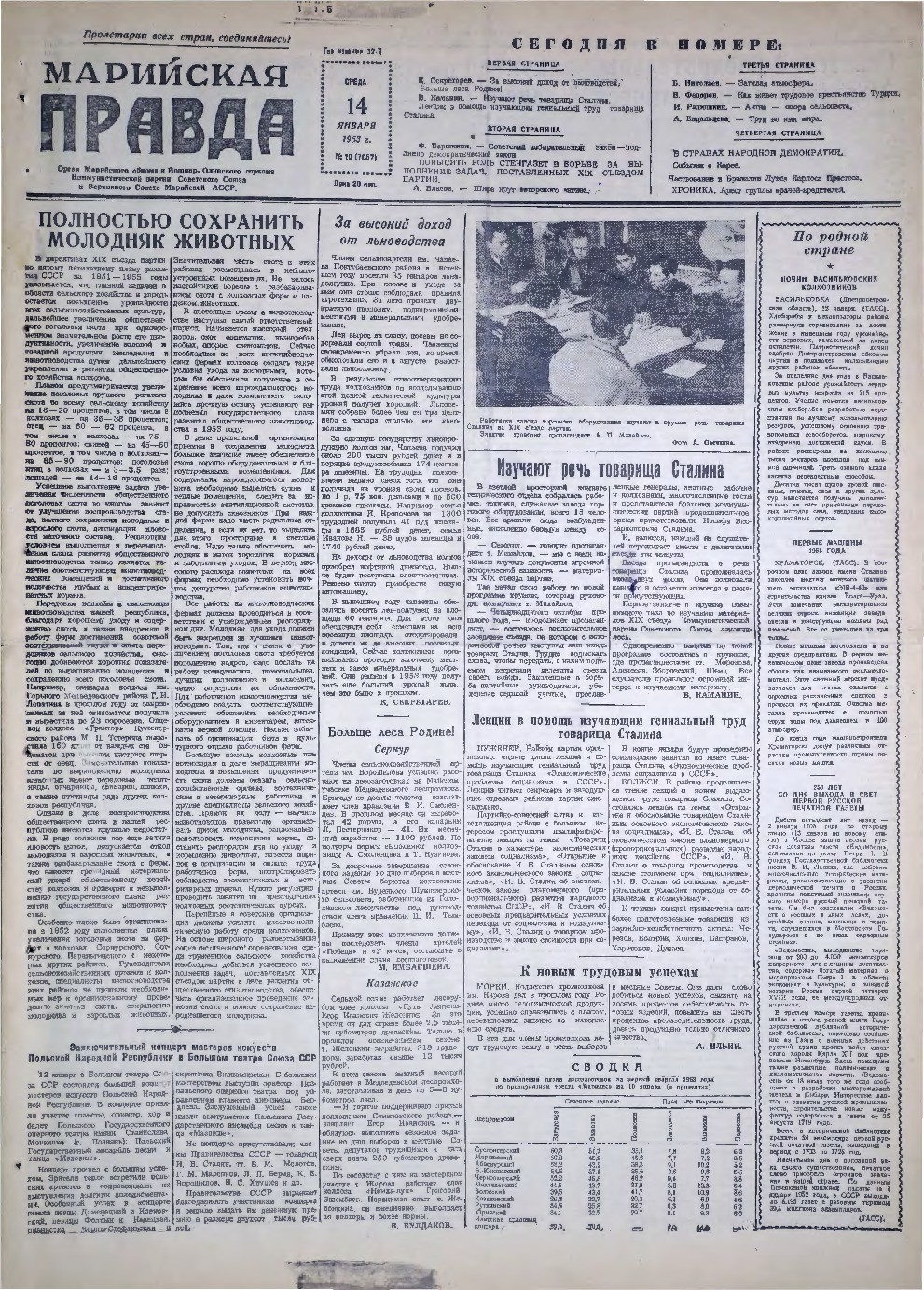 Газета «Марийская правда» от 14.01.1953