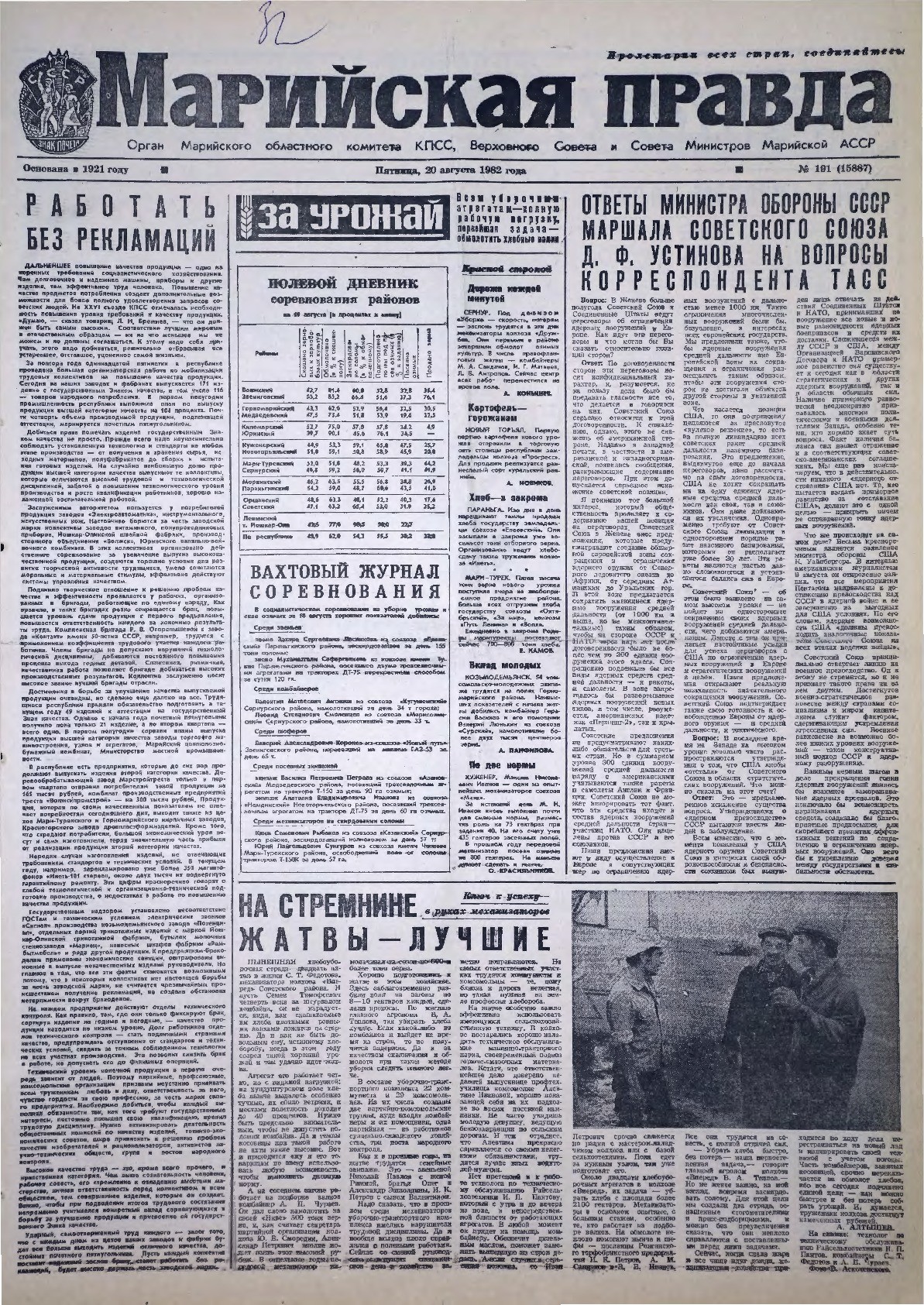 Газета «Марийская правда» от 20.08.1982
