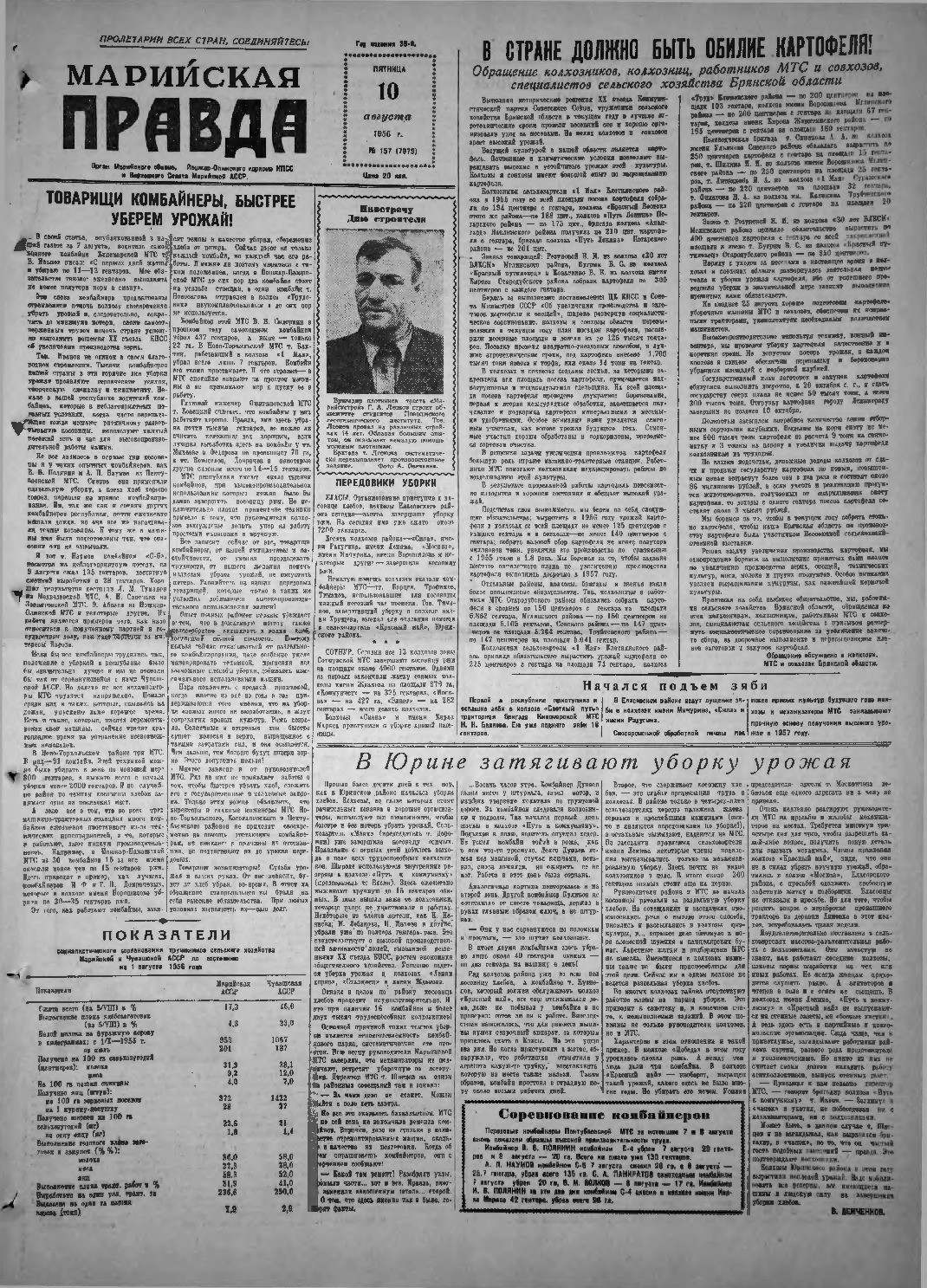 Газета «Марийская правда» от 10.08.1956