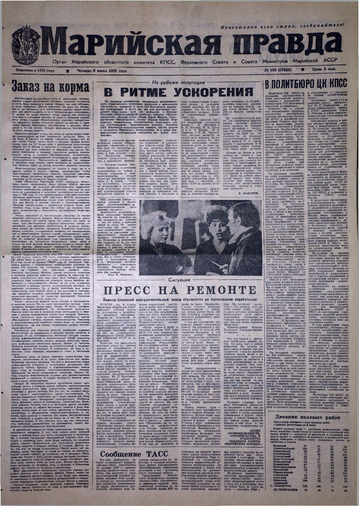 Газета «Марийская правда» от 09.06.1988