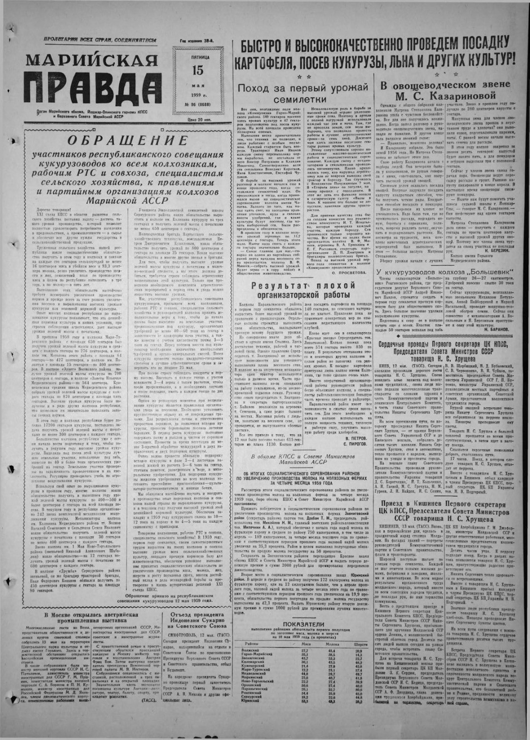 Газета «Марийская правда» от 15.05.1959