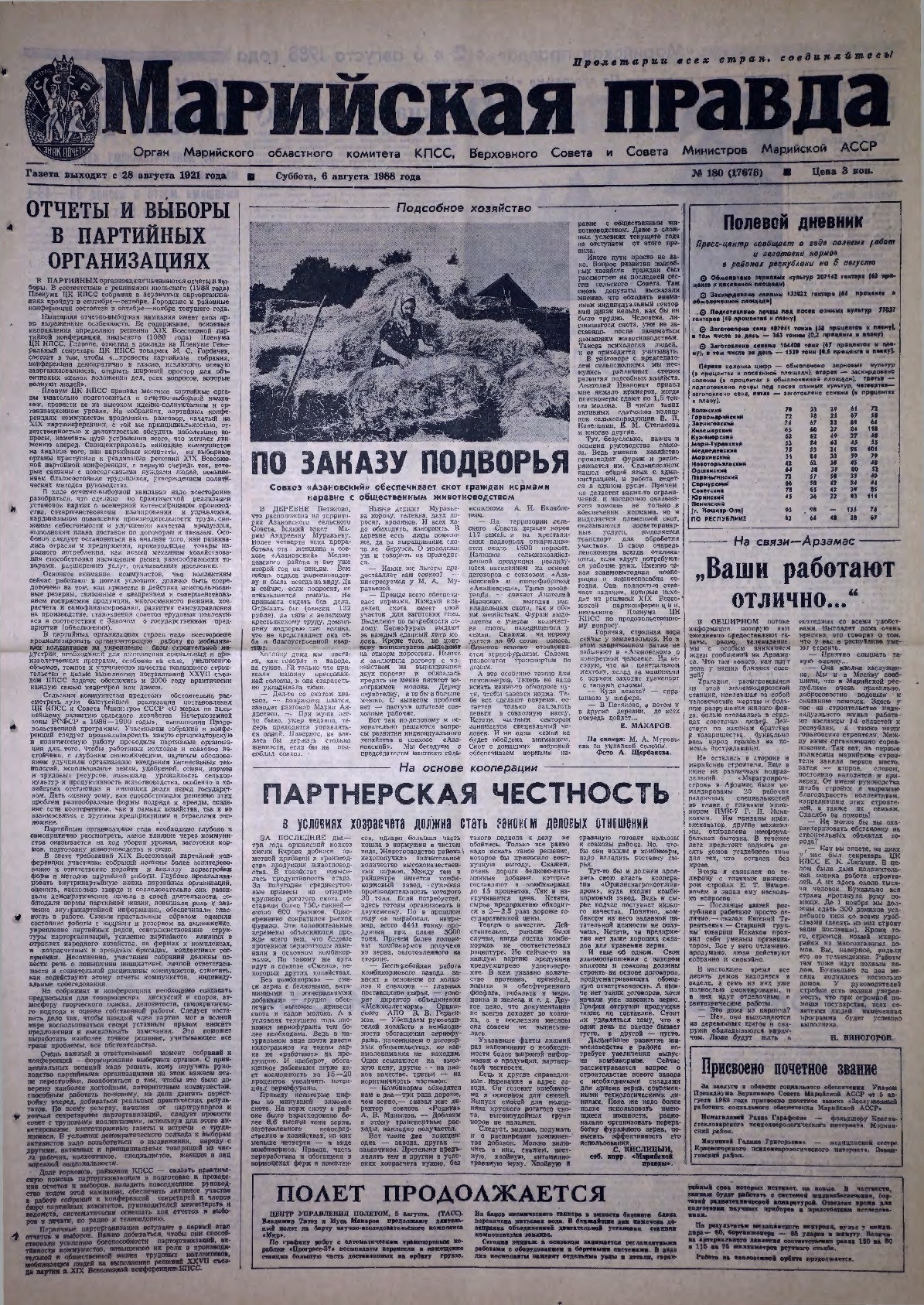 Газета «Марийская правда» от 06.08.1988