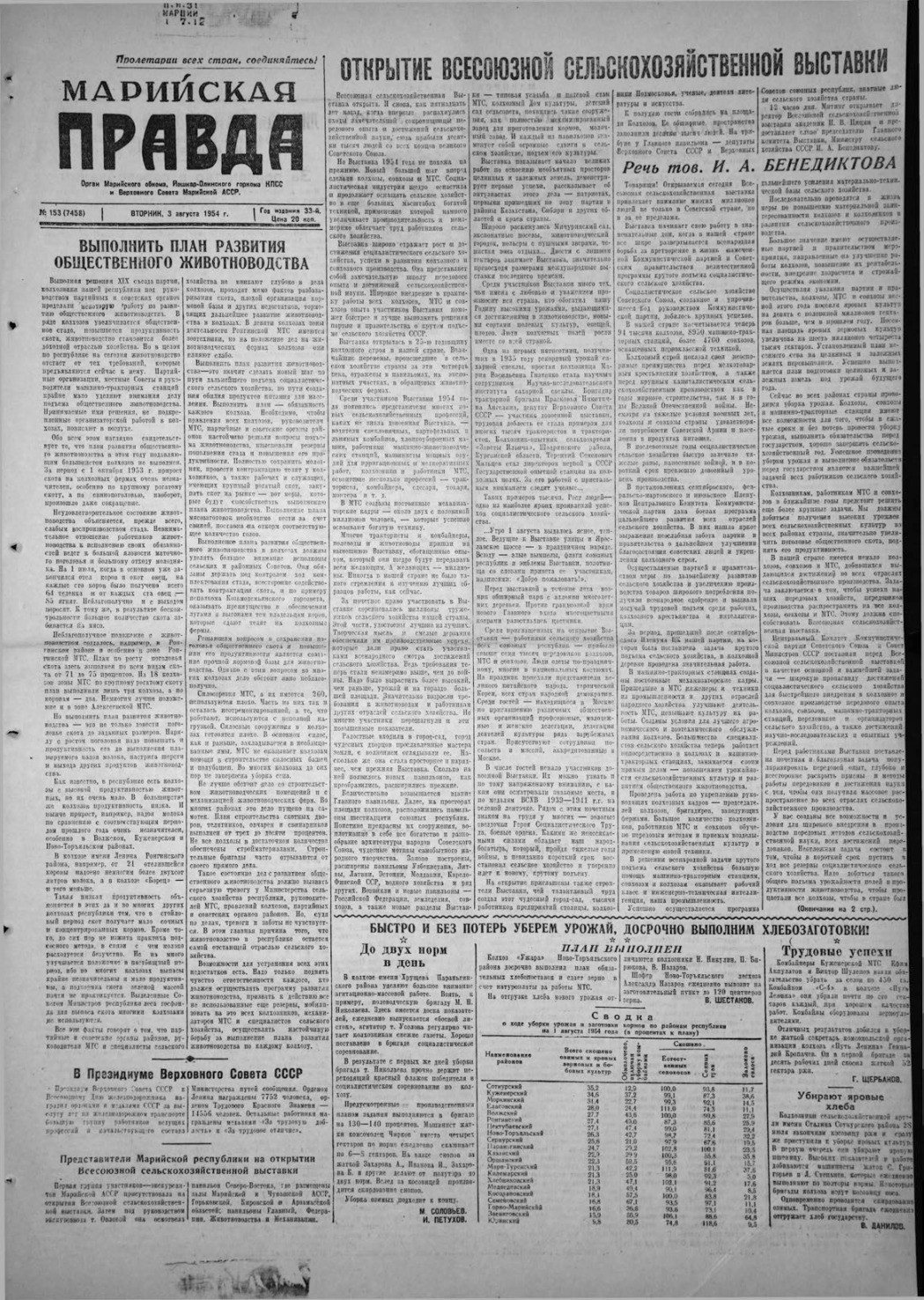 Газета «Марийская правда» от 03.08.1954