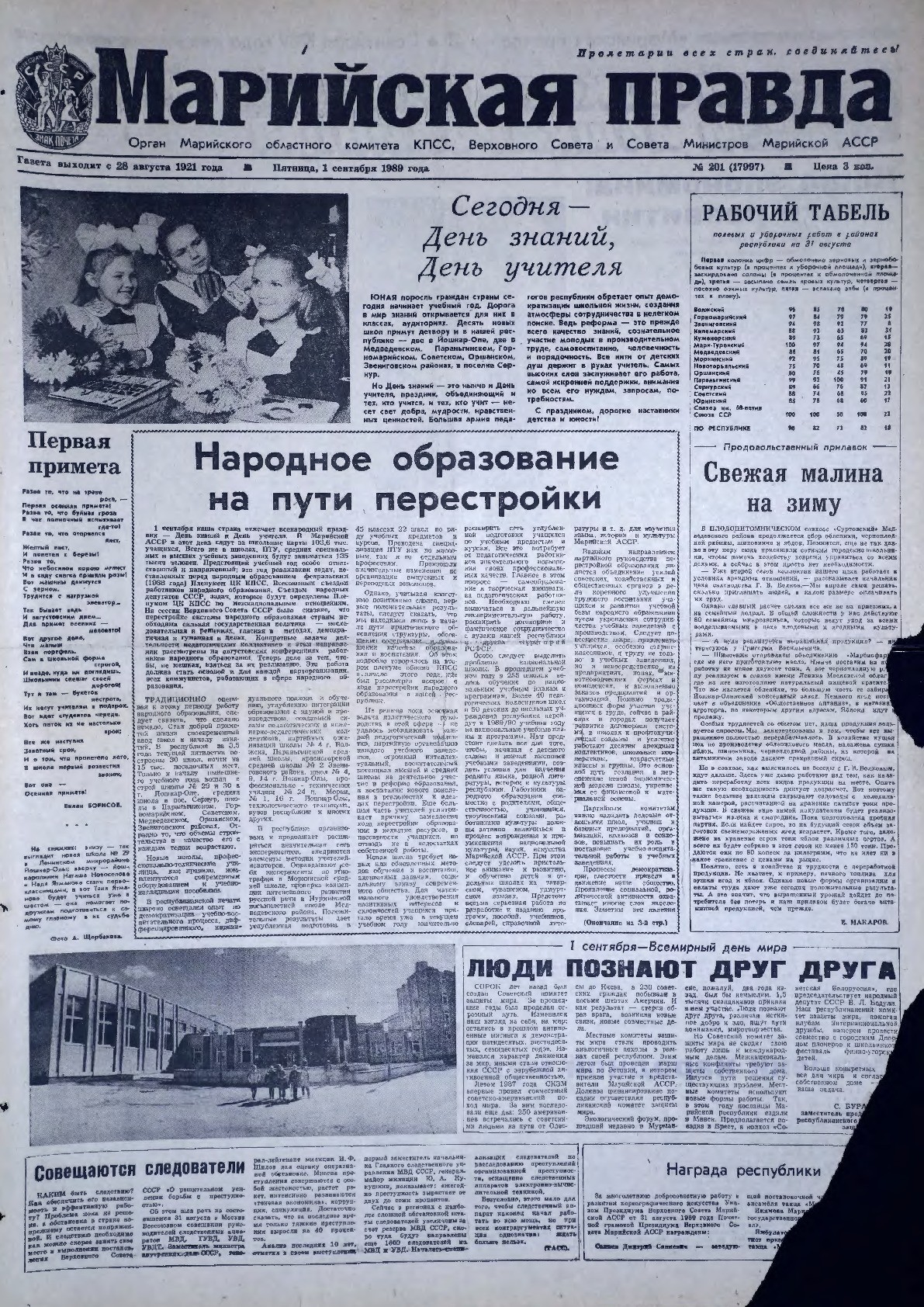 Газета «Марийская правда» от 01.09.1989