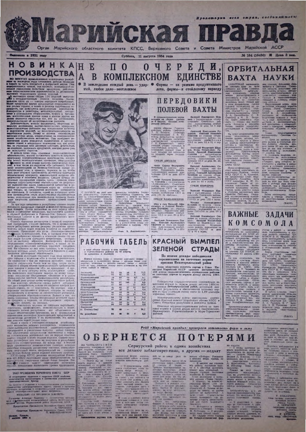 Газета «Марийская правда» от 11.08.1984