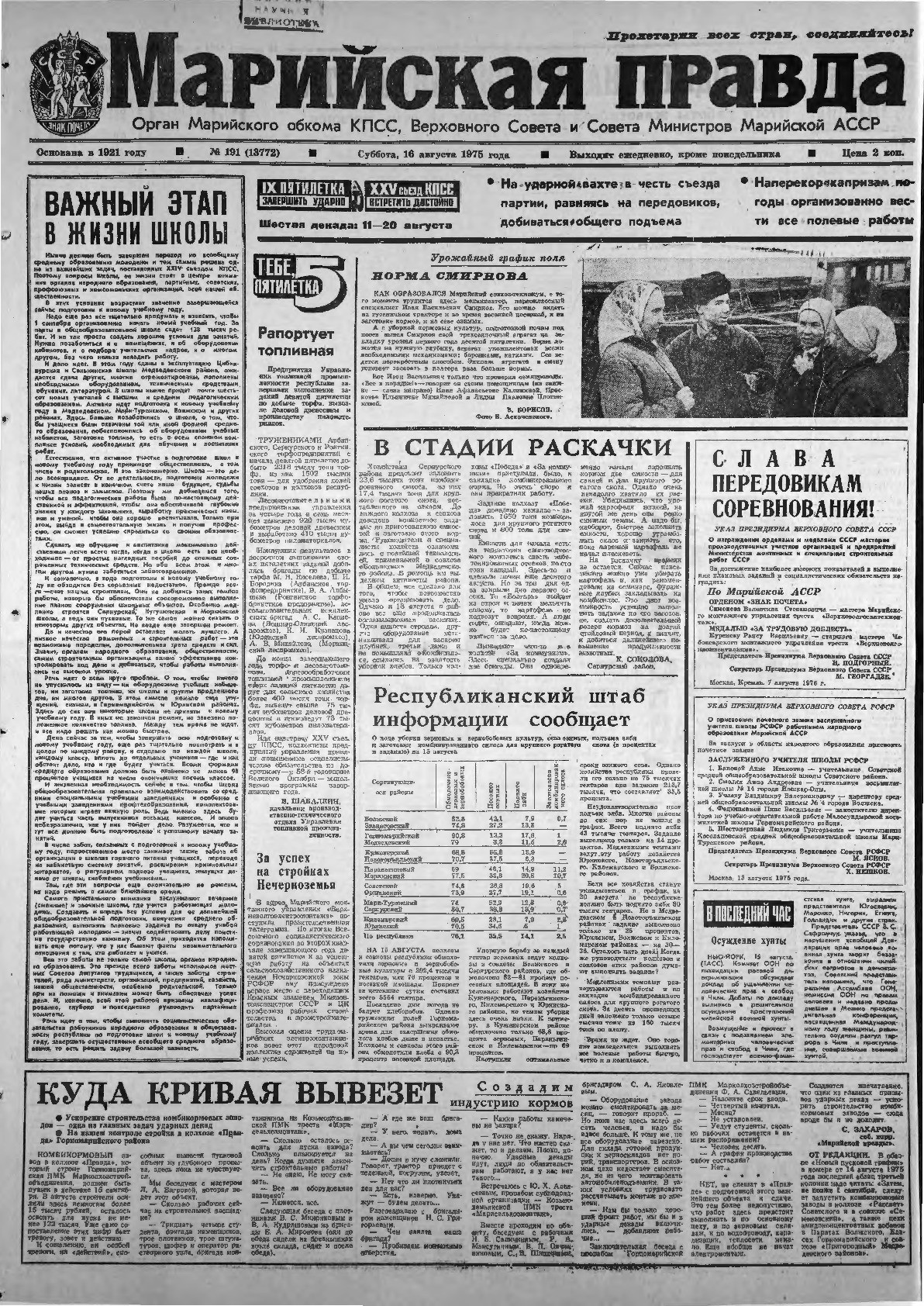 Газета «Марийская правда» от 16.08.1975