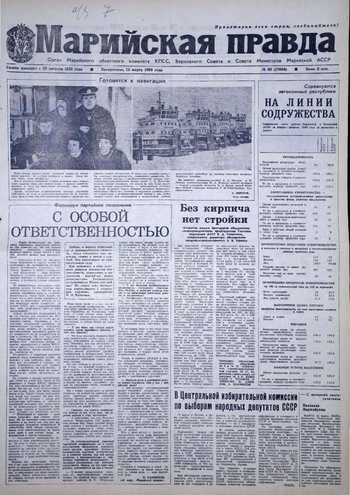 Газета «Марийская правда» от 12.03.1989