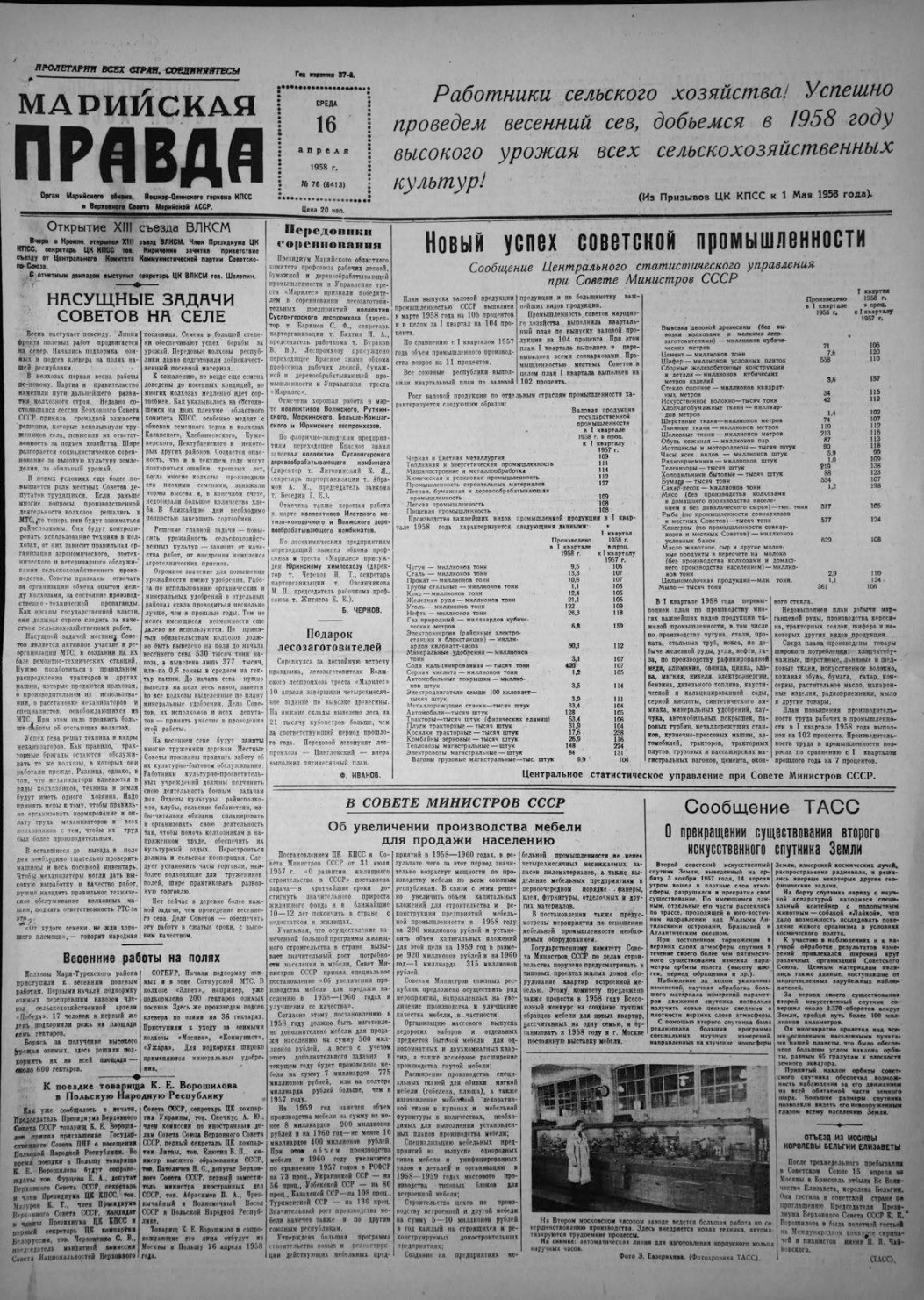 Газета «Марийская правда» от 16.04.1958