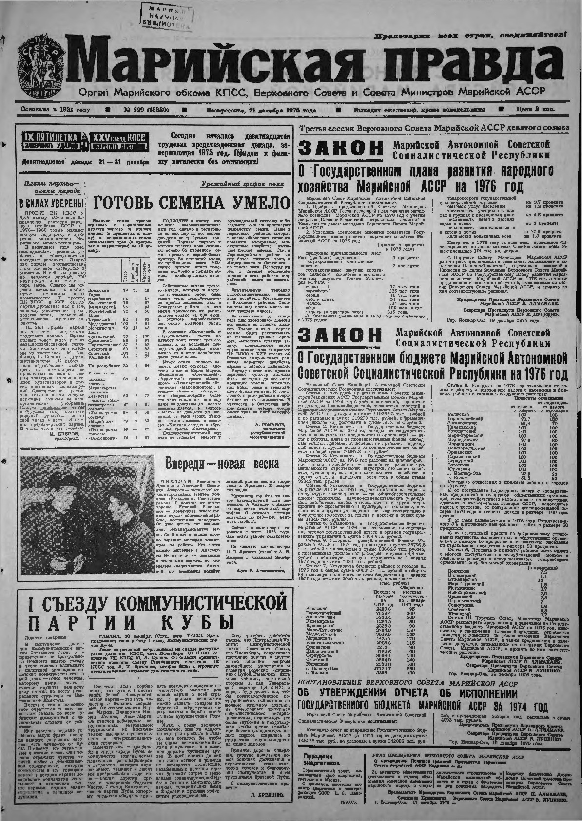 Газета «Марийская правда» от 21.12.1975